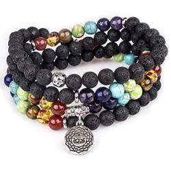 PWMENLK Lava Beads,Mala Prayer Beads OM Buddha Pendant 7 Chakra Tibetan Buddhist Healing Lava Rock Gemstone Meditation Wrap Necklace Bracelet(Lava,OM Buddha)