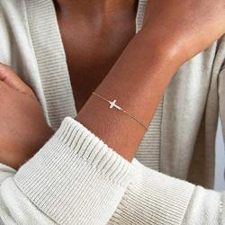CHESKY 14K Gold/Silver Plated Sideways Cross Link Chain Bracelet Tiny Faith Chain Bracelet Handmade Adjustable Charm Bracelet for Women Jewelry
