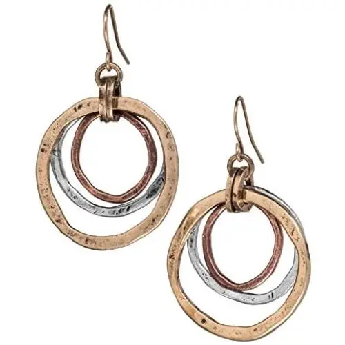 Handmade Sunrise Tricolor Dangle Earrings - Burnished Circles, Copper, Brass and Silverplated Handmade Sunrise Tricolor Dangle Earrings - Burnished Circles, Copper, Brass and Silverplated