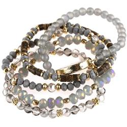 Bohemian Multi Layer Beaded Strand Stack Bracelets - Sparkly Crystal, Natural Stone Pendant, Rhinestone Bead Statement Stretch Adjustable Bangle Set