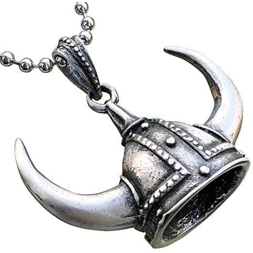 Viking Jewelry Norse Nordic Celtic Barbarian Gladiator Medieval Horned Helmet Hat Knight Armor Protection Amulet Lucky Charm Money Talisman pewter mens pendant necklace for men w Silver Ball Chain