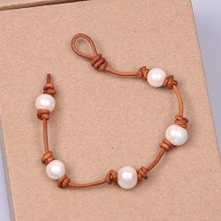 SWEETRAINBOWN Pearls Leather Bracelets for Women,Beaded Handmade Jewelry Genuine Leather Friendship Cuff