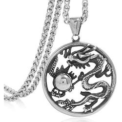 FIZIZDH Mens Stainless Steel Dragon Biker Pendant Necklace,24 inch Keel Link Chain