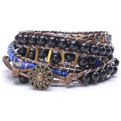 MOFRGO Handmade Braided Charm 5 Wrap Bracelet for Men Women Jasper Ebony Wood Beads Bohemian Adjustable Multilayer Bangle Jewelry