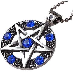 OhDeal4U Wicca Jewelry Celtic Pentagram Pentacle Star Blue Crystal Gem Wiccan Pagan Witch Magic Healing Protection Amulet Pewter Mens Womens Pendant Necklace Charm for Men Women Silver Ball Chain