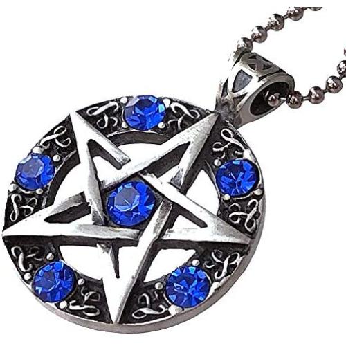 OhDeal4U Wicca Jewelry Celtic Pentagram Pentacle Star Blue Crystal Gem Wiccan Pagan Witch Magic Healing Protection Amulet Pewter Mens Womens Pendant Necklace Charm for Men Women Silver Ball Chain