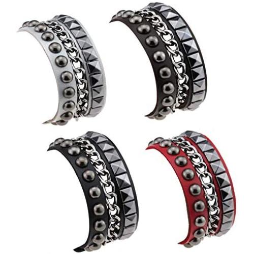 4 Pieces Punk Rock Faux Leather Rivet Spike Studded Bracelet Gothic Biker Strap Cuff Buckle Wristband Bracelet for Men Women Girls Boys Hip Hop Unisex Jewelry Gift