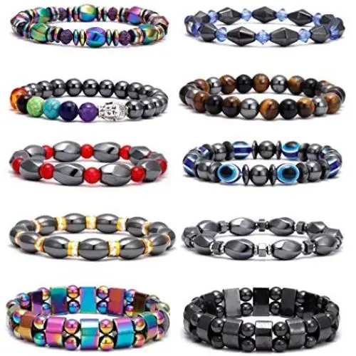 VALIJINA 10 Pieces Hematite Bracelet for Men Women Magnetic Therapy Bracelets Energy Reiki Healing Relief Bracelets Set Healthcare Weight Loss Pain Relief Bracelets