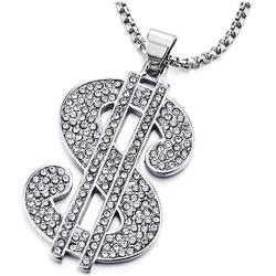 COOLSTEELANDBEYOND Hip Hop Punk, Mens Womens Steel US Dollar Money Sign Pendant with CZ Necklace, 30 Inches Wheat Chain