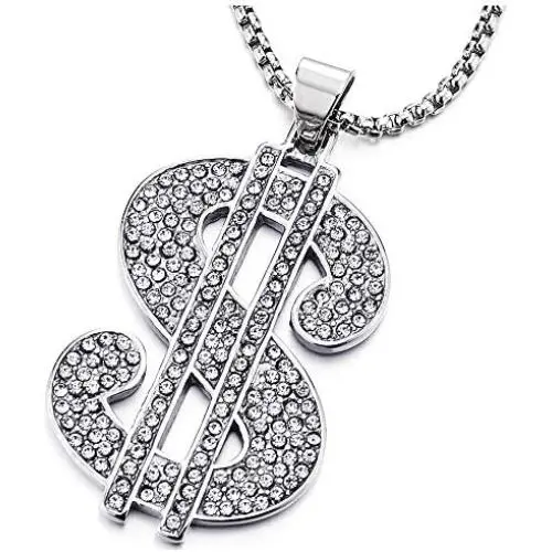 COOLSTEELANDBEYOND Hip Hop Punk, Mens Womens Steel US Dollar Money Sign Pendant with CZ Necklace, 30 Inches Wheat Chain COOLSTEELANDBEYOND Hip Hop Punk, Mens Womens Steel US Dollar Money Sign Pendant with CZ Necklace, 30 Inches Wheat Chain