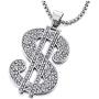 COOLSTEELANDBEYOND Hip Hop Punk, Mens Womens Steel US Dollar Money Sign Pendant with CZ Necklace, 30 Inches Wheat Chain