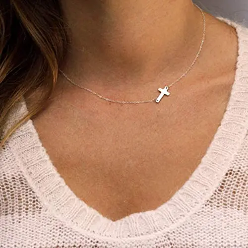 TseanYi Cross Pendant Necklace Chain Silver Sidesway Cross Choker Necklace Short Chain Religion Necklace Jewelry for women and Girls (Silver)