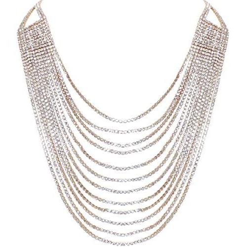 Humble Chic Layered Statement Necklace - Multi-Chain Waterfall Simulated Diamond Long Multistrand Chains Bib for Women - Sparkling CZ Crystal Rhinestone Jewels
