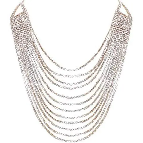 Humble Chic Layered Statement Necklace - Multi-Chain Waterfall Simulated Diamond Long Multistrand Chains Bib for Women - Sparkling CZ Crystal Rhinestone Jewels Humble Chic Layered Statement Necklace - Multi-Chain Waterfall Simulated Diamond Long Multistrand Chains Bib for Women - Sparkling CZ Crystal Rhinestone Jewels