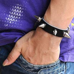 Top Plaza Mens Womens Black Genuine Leather Bracelets Necklaces Jewelry Set Metal Spike Studded Punk Rock Skull Biker Adjustable Cuff Bracelet Choker Necklace