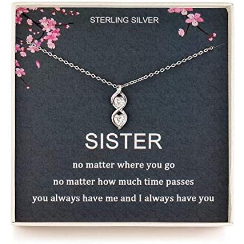 Sister Gifts from Sister, Sterling Silver Infinite Two Interlocking Infinity Double Hearts Necklace, Birthday Jewelry Gift Necklaces for Sisters, No Matter