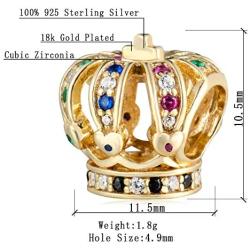 Crown Charms Golden Royal Crown Charms, 925 Sterling Silver King Queen Crown Beads with Colorful Zircon, Gifts for Fathers Day/Valentines Day/Christmas, fits for DIY Bracelet