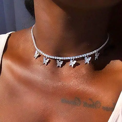 Zoestar Butterfly Choker Necklace Gorgeous Crystal Pendant Necklaces Sparkly Butterfly Chain Jewelry for Women (Silver)