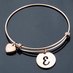 Zuo Bao Rose Gold Initial Disc Expandable Wire Bracelet Bangle with Heart Charm