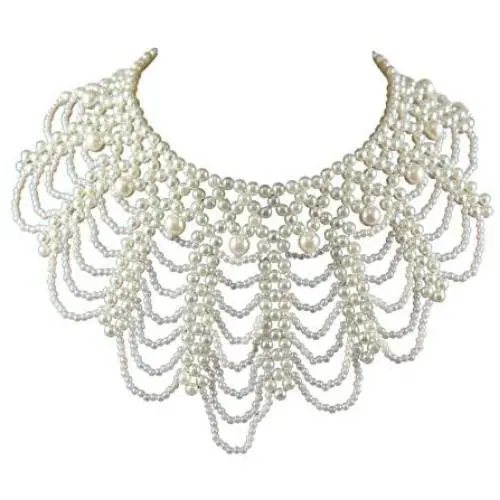 Imitational Pearl Waterfall Multistrand Necklaces Handmade Beaded Wave Hollow Flower Geometric Pattern Pendant for Women Girls Elegant Jewelry