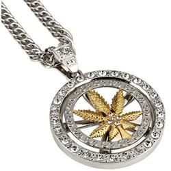 Hip Hop 18K Gold Plated Whirligig Spin Hemp weeds Leaf Necklaces Men Women Charm Crystal Weed Chains