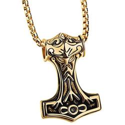 PAURO Mens Stainless Steel Thors Mjolnir Hammer Pendant Necklace Viking Jewelry