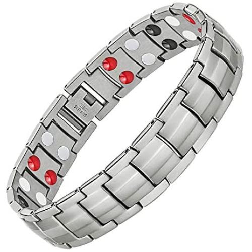Feraco Magnetic Bracelets for Men Pain Relief Titanium Steel Double Row Strong Magnets Bracelet with Unique Blue Line, Adjustable Bracelet