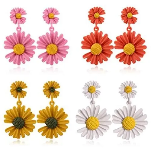Boho Flower Stud Earrings for Women Girls Flower Shaped Daisy Earrings with Gold Bud Double Metal Flower Dangle Drop Post Earrings 4 pcs Boho Flower Stud Earrings for Women Girls Flower Shaped Daisy Earrings with Gold Bud Double Metal Flower Dangle Drop Post Earrings 4 pcs