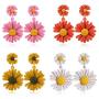 Boho Flower Stud Earrings for Women Girls Flower Shaped Daisy Earrings with Gold Bud Double Metal Flower Dangle Drop Post Earrings 4 pcs