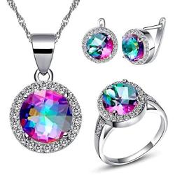 Uloveido Good Luck Big Round Shape Crystal Drop Pendant Necklace, Earrings and Rings Wedding Jewelry Set for Bridal Women Birthday Anniversary T484