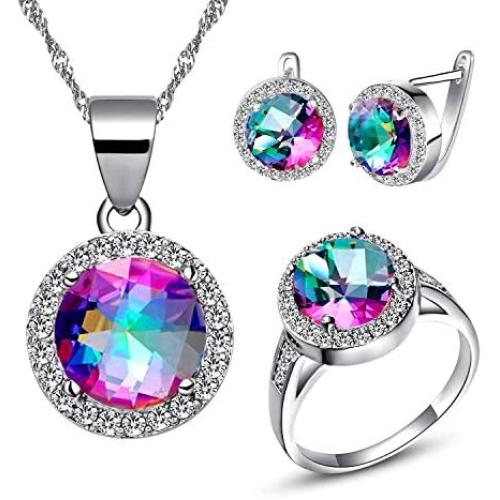 Uloveido Good Luck Big Round Shape Crystal Drop Pendant Necklace, Earrings and Rings Wedding Jewelry Set for Bridal Women Birthday Anniversary T484