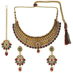 Efulgenz Indian Bollywood Traditional 14 K Gold Plated Kundan Pearl Wedding Choker Necklace Earrings Maangtikka Jewelry Set