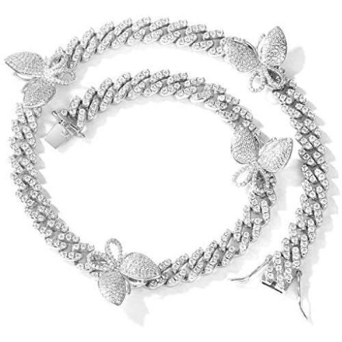 Luxfine 9mm Butterfly Necklace Choker Iced Out 5A+ CZ Stones 14K REAL Gold Plated for Women Girls Delicate Bling Everyday Cuban Chain Hip Hop Jewelry Christmas Birthday Party Friendship Wedding Gift 16”