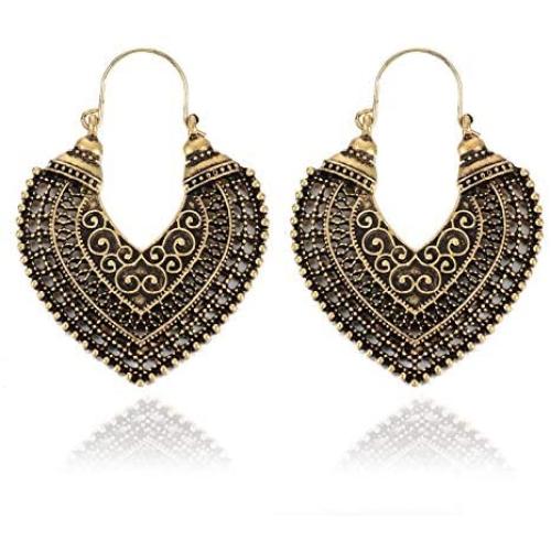 Vintage Boho Drop Dangle Earrings, Antique Bohemian National Style Hollow Heart Shaped Bronze Fashion Earrings for Women Girls GiftAntique Bronze