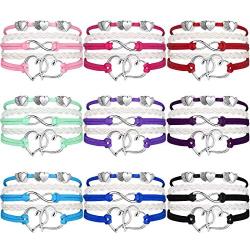 Yaomiao 9 Pieces Girls Leather Wrap Rope Bracelet Double Heart Bracelet with Infinity Symbol Jewelry for Teenage Girls and Young Women