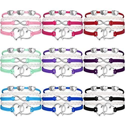 Yaomiao 9 Pieces Girls Leather Wrap Rope Bracelet Double Heart Bracelet with Infinity Symbol Jewelry for Teenage Girls and Young Women