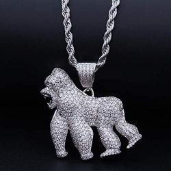 Moca Jewelry Hip Hop Iced Out Bling Ape Pendant Individual Necklace,14K Gold Plated Micro-Pave Simulated Diamond Punk Necklace with 24” Stainless Steel Rope Link Chain for Men Women