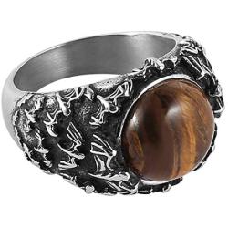 HZMAN Polished Natural Tiger Eye Stones Bat Ring for Men Women Stainless Steel Ring Wicca, Reiki, and Energy Crystal Healing Jewelry