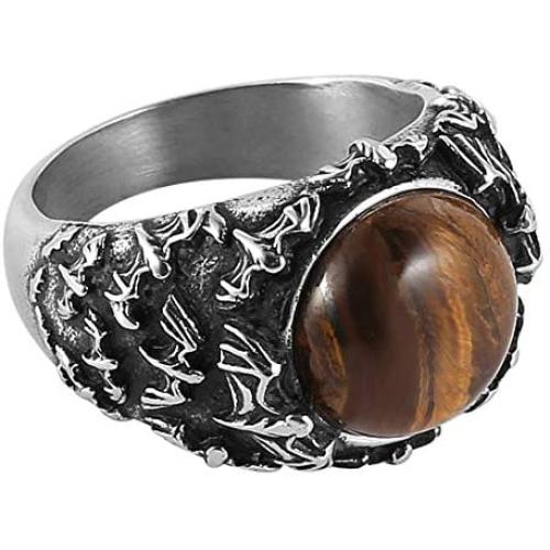 HZMAN Polished Natural Tiger Eye Stones Bat Ring for Men Women Stainless Steel Ring Wicca, Reiki, and Energy Crystal Healing Jewelry