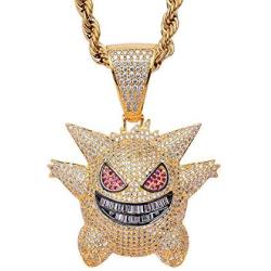ICE JEWELRY Hip Hop Iced Out 18K Gold Plated Micro Paved Simulated Diamond Gengar Pendant Necklace Rope Chain