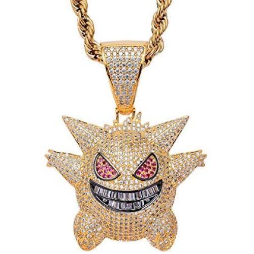 ICE JEWELRY Hip Hop Iced Out 18K Gold Plated Micro Paved Simulated Diamond Gengar Pendant Necklace Rope Chain