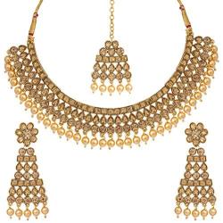 Aheli Ethnic Bollywood Faux polki with Pearl Strand Necklace Earrings Maang Tikka Indian Jewelry Set for Women