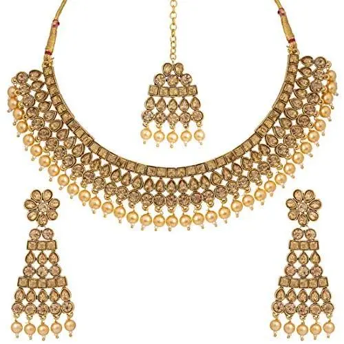 Aheli Ethnic Bollywood Faux polki with Pearl Strand Necklace Earrings Maang Tikka Indian Jewelry Set for Women