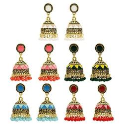 idealway 4-6 Pairs Indian Jhumka Jhumki Drop Dangle Earrings for Women Mexico Gypsy Enamel Earrings Ethnic Style Golden Ball Pendant Earrings Female