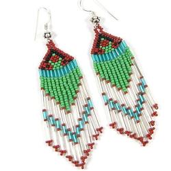 HANDMADE LAVISHING GREEN CLEAR WHITE BUGLE SEED BEADS BEADED EARRINGS