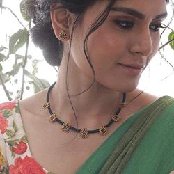 Tarinika Makul Antique Gold-Plated Indian Jewelry Set with CZ pendant Necklace and Earrings - Red Green