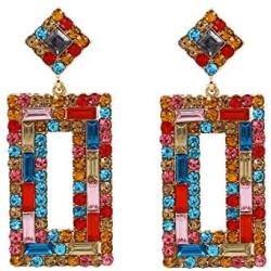 Statement Drop Earrings Colorful Gorgeous Rhinestone Geometric Square Crystal Rainbow Stone Shining Earrings Ear Jewelry for Women Girls