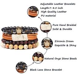 WAINIS Braided Leather Bracelets for Men Women Wrap Tiger Eye Lava Rock Beads Bracelet Woven Ethnic Tribal Rope Wristbands Bracelets Set Adjustable