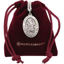 All Patron Saints Antiqued St Christopher Medal Necklace – Solid Sterling Silver Oval Medallion and Chain – Personalized Engraving – Gift Box