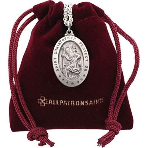 All Patron Saints Antiqued St Christopher Medal Necklace – Solid Sterling Silver Oval Medallion and Chain – Personalized Engraving – Gift Box